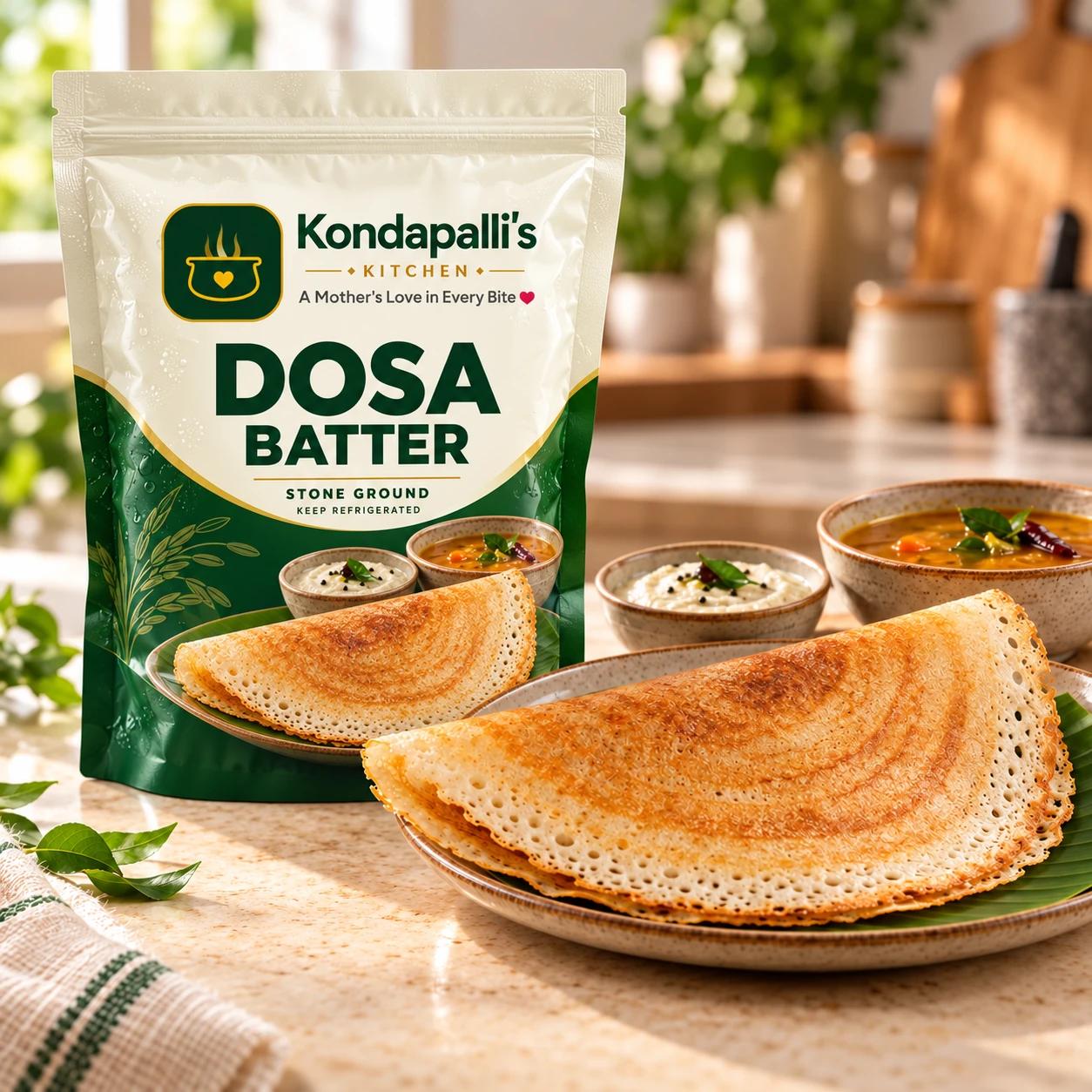 Kondapalli's Kitchen dosa batter pouch beside a golden dosa with coconut chutney and sambar