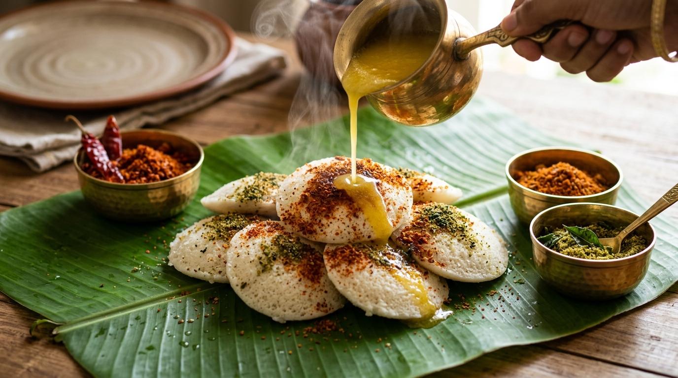 Fluffy steaming hot idlis sprinkled with aromatic Karam Podi and golden ghee